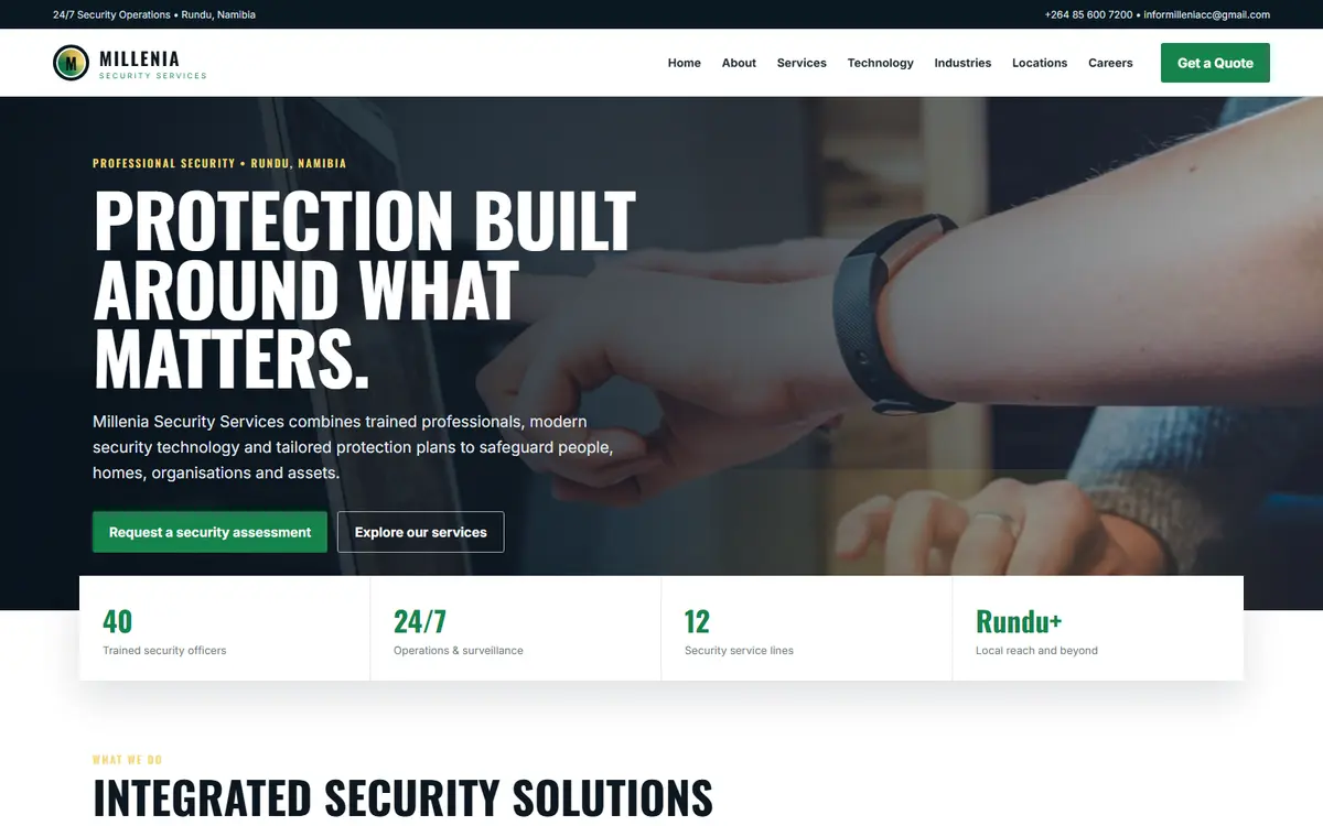 Screenshot of the Millenia Security Services website home page