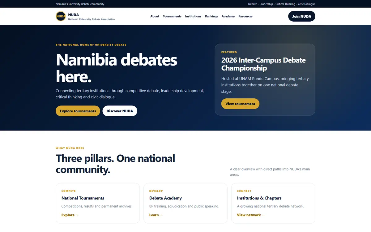 Screenshot of the NUDA website home page